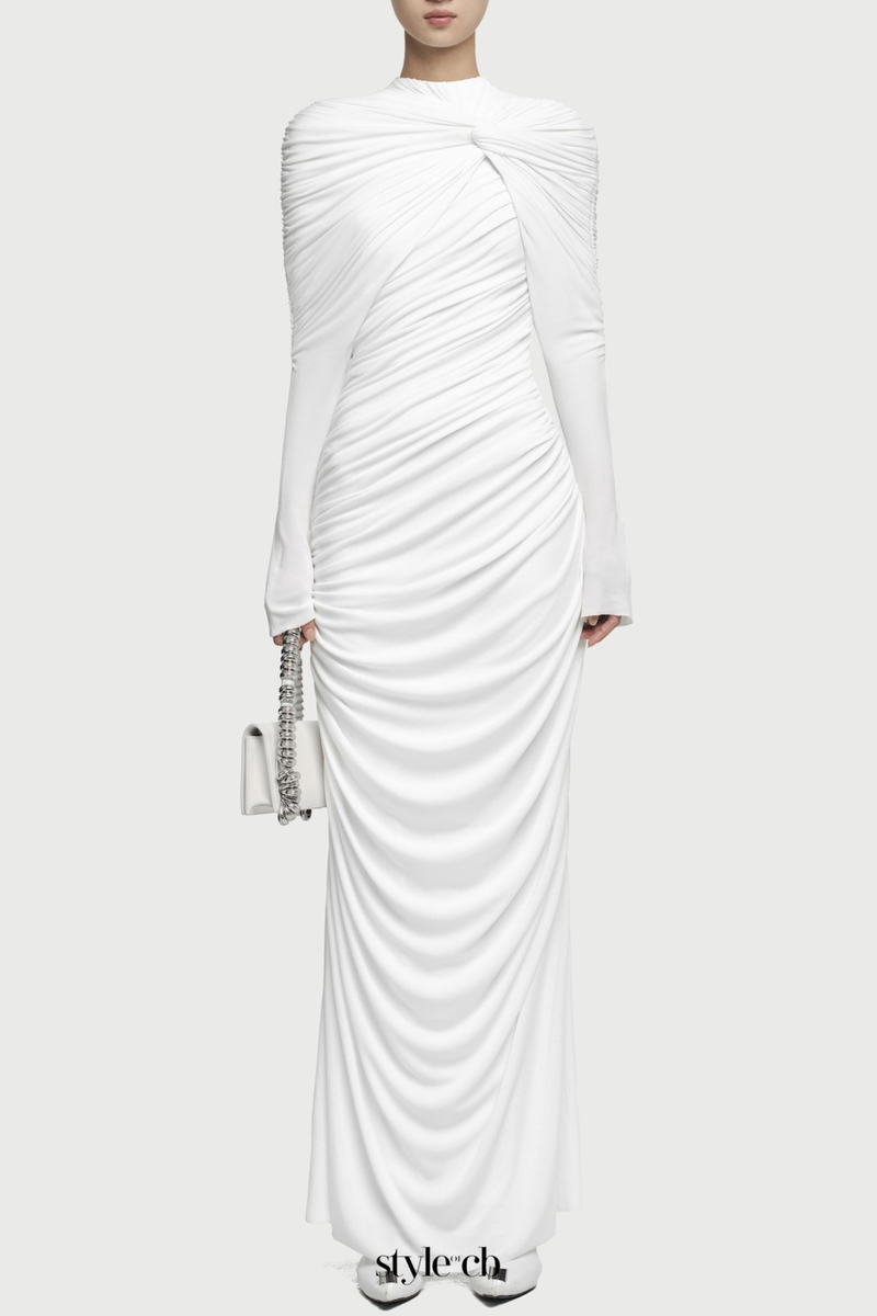 bonnie long sleeve pleated knot bodycon maxi dress in white