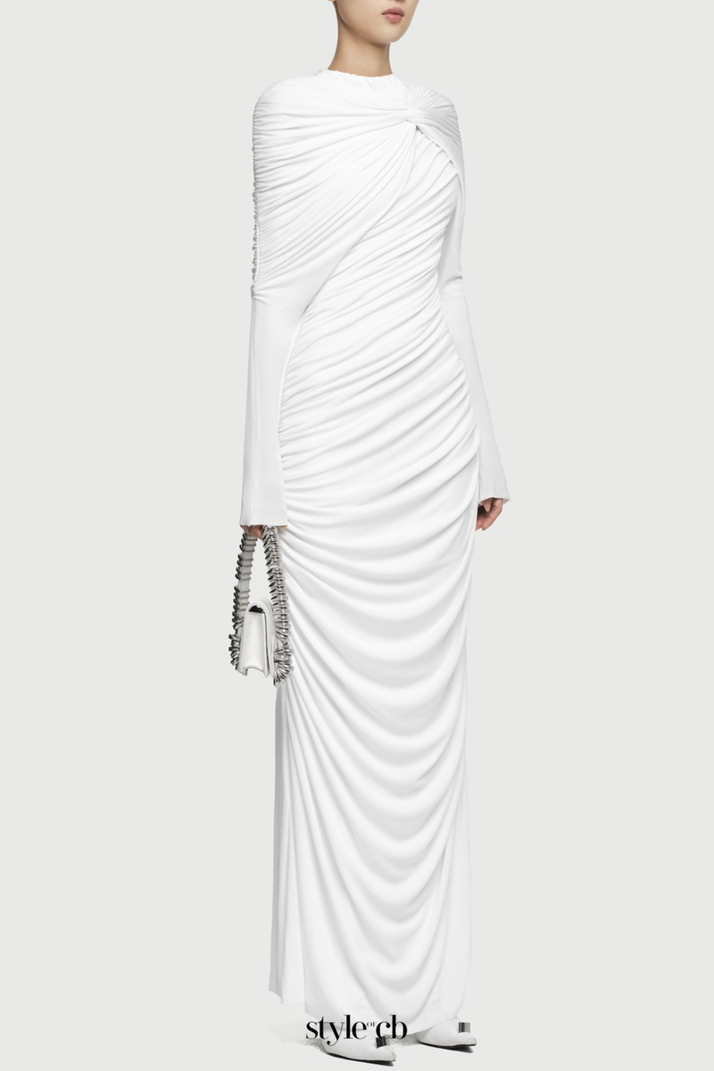 bonnie long sleeve pleated knot bodycon maxi dress in white