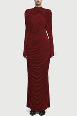 bonnie long sleeve pleated knot bodycon maxi dress in red