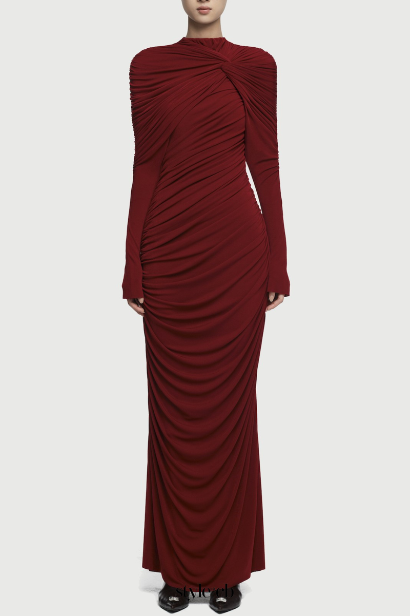 bonnie long sleeve pleated knot bodycon maxi dress in red