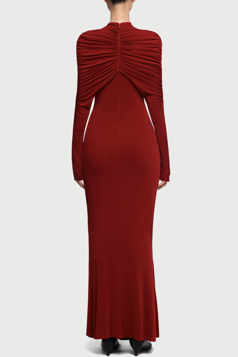 bonnie long sleeve pleated knot bodycon maxi dress in red