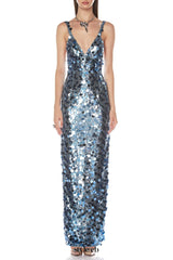 roberta Deep V-Neck Sequin Column Gown in blue