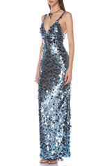 roberta Deep V-Neck Sequin Column Gown in blue