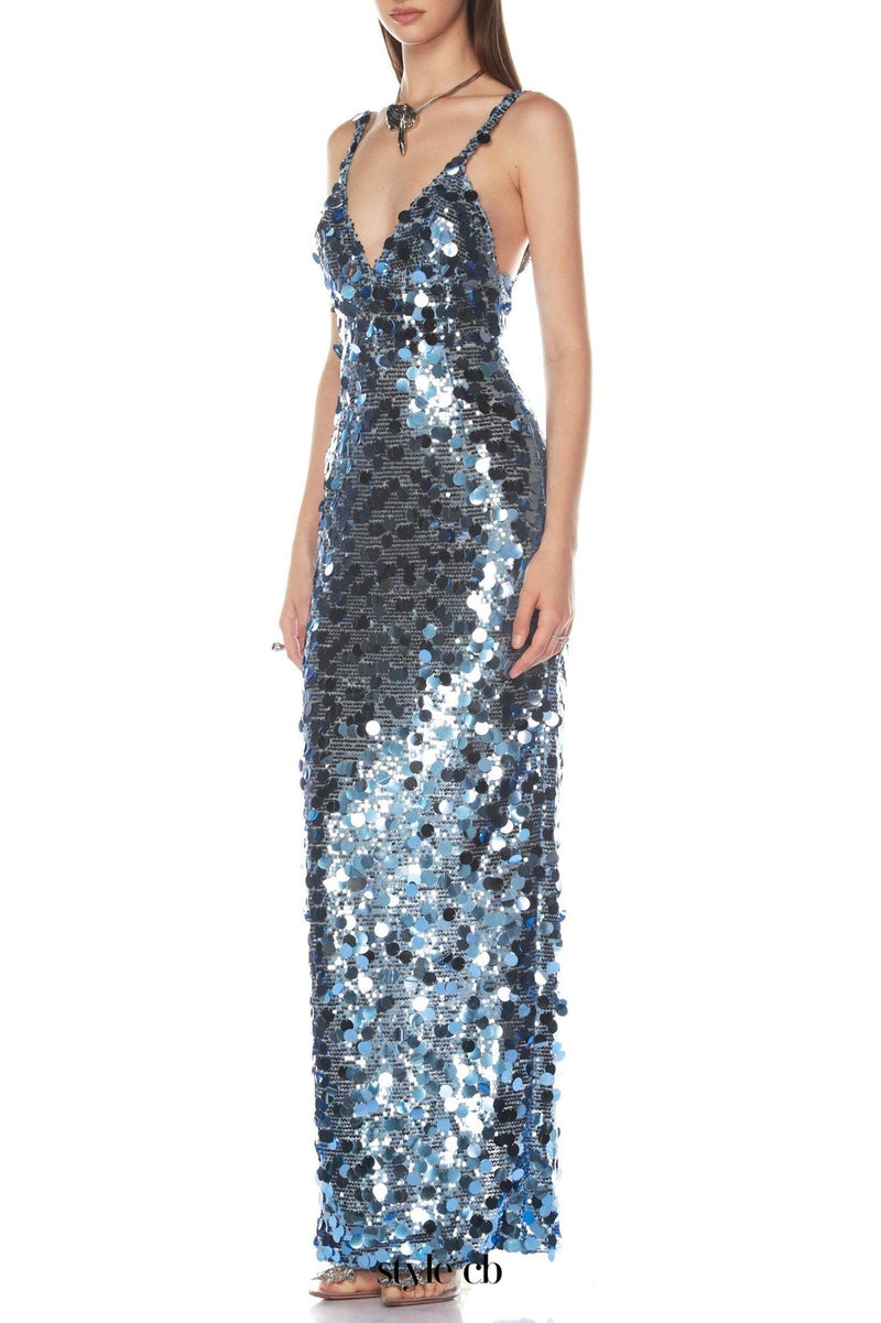 roberta Deep V-Neck Sequin Column Gown in blue