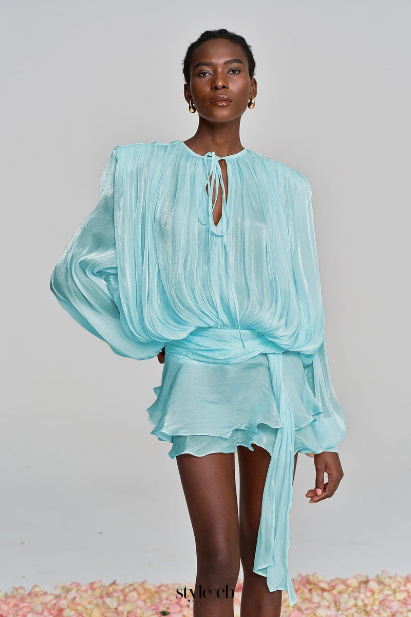hermosa Balloon Sleeve Ruch Ruffle Mini Dress In Baby Blue