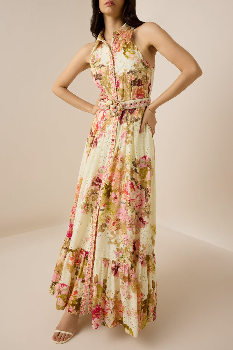 multicolor embroidery print maxi shirt dress