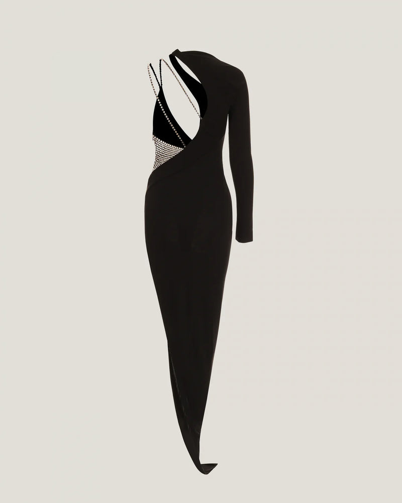 ASYMMETRIC CRYSTAL-EMBELLISHED DRESS