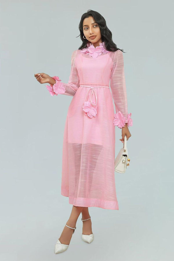 vicky flower embellished lace midi dress in pink