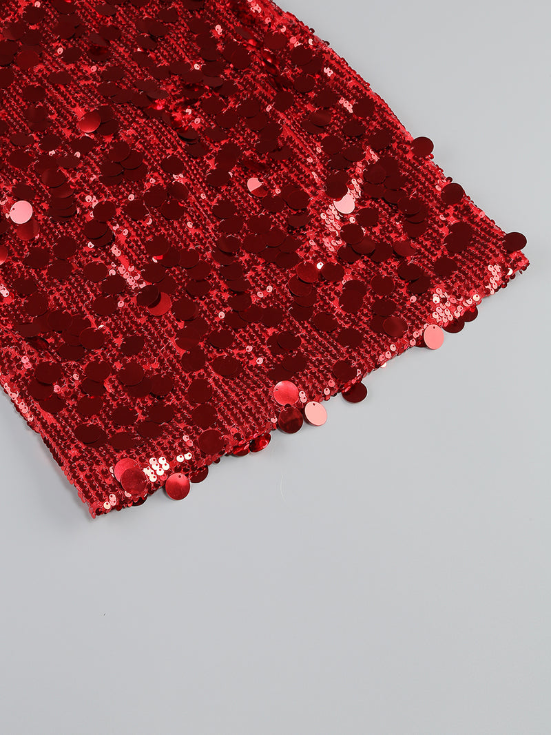 SEQUIN STRAPLESS MINI RED DRESS