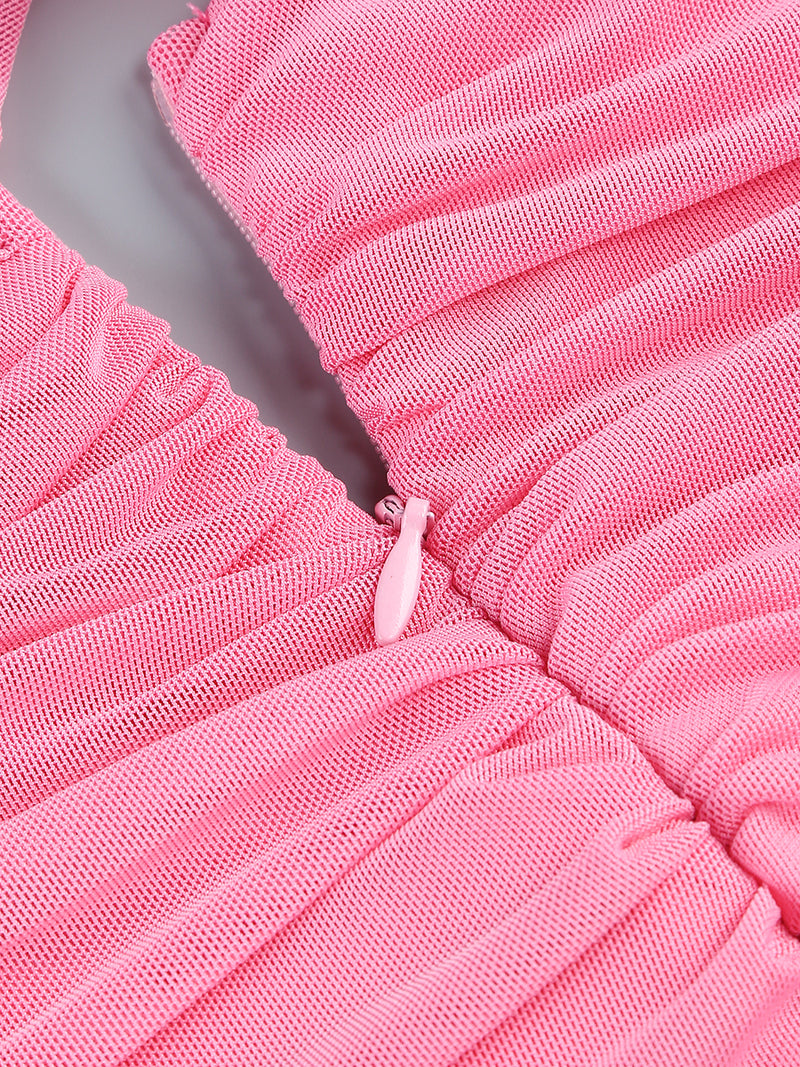 PINK CUT OUT SPLIT RUCHED MAXI DRESS