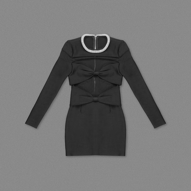 LONG SLEEVE CRYSTAL NECKLINE MINI DRESS