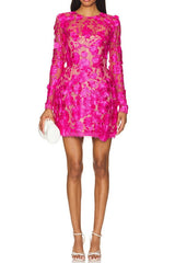 Rose red floral lace Long Sleeve Mini Dress