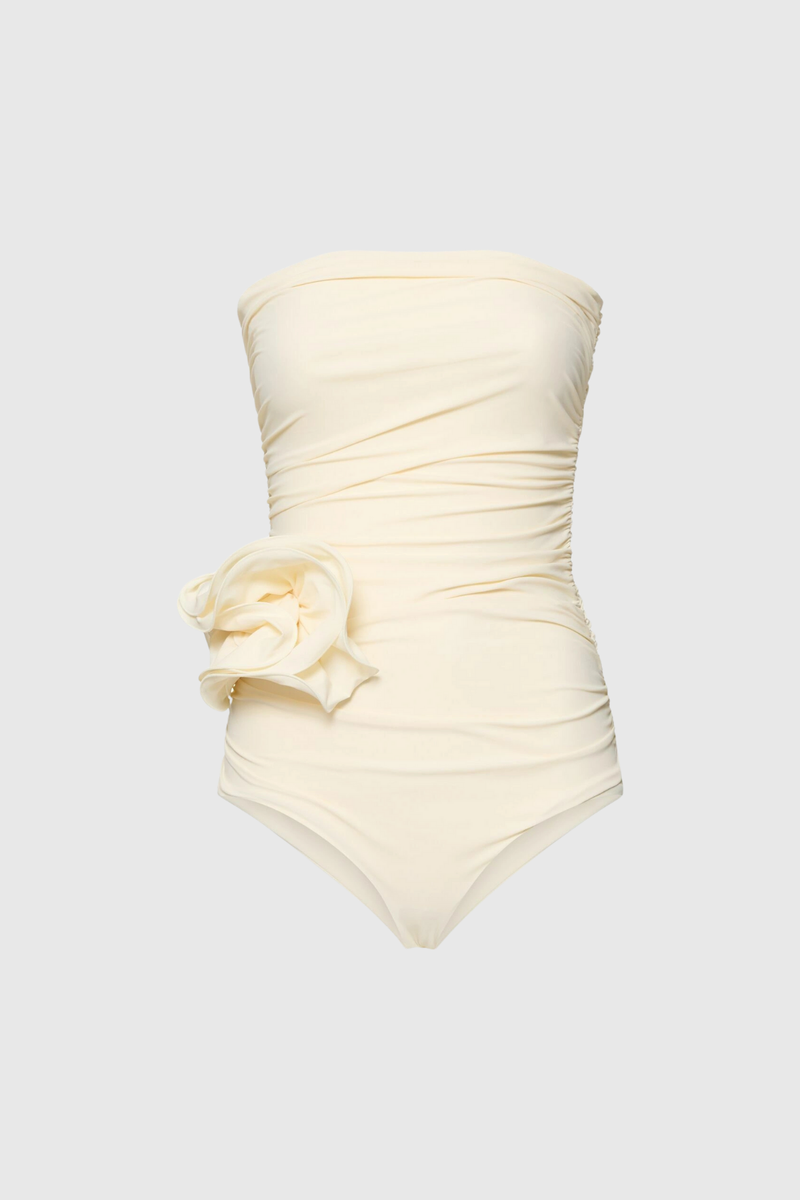 nancy Ruched Flower One Piece Swimsuit In Cream