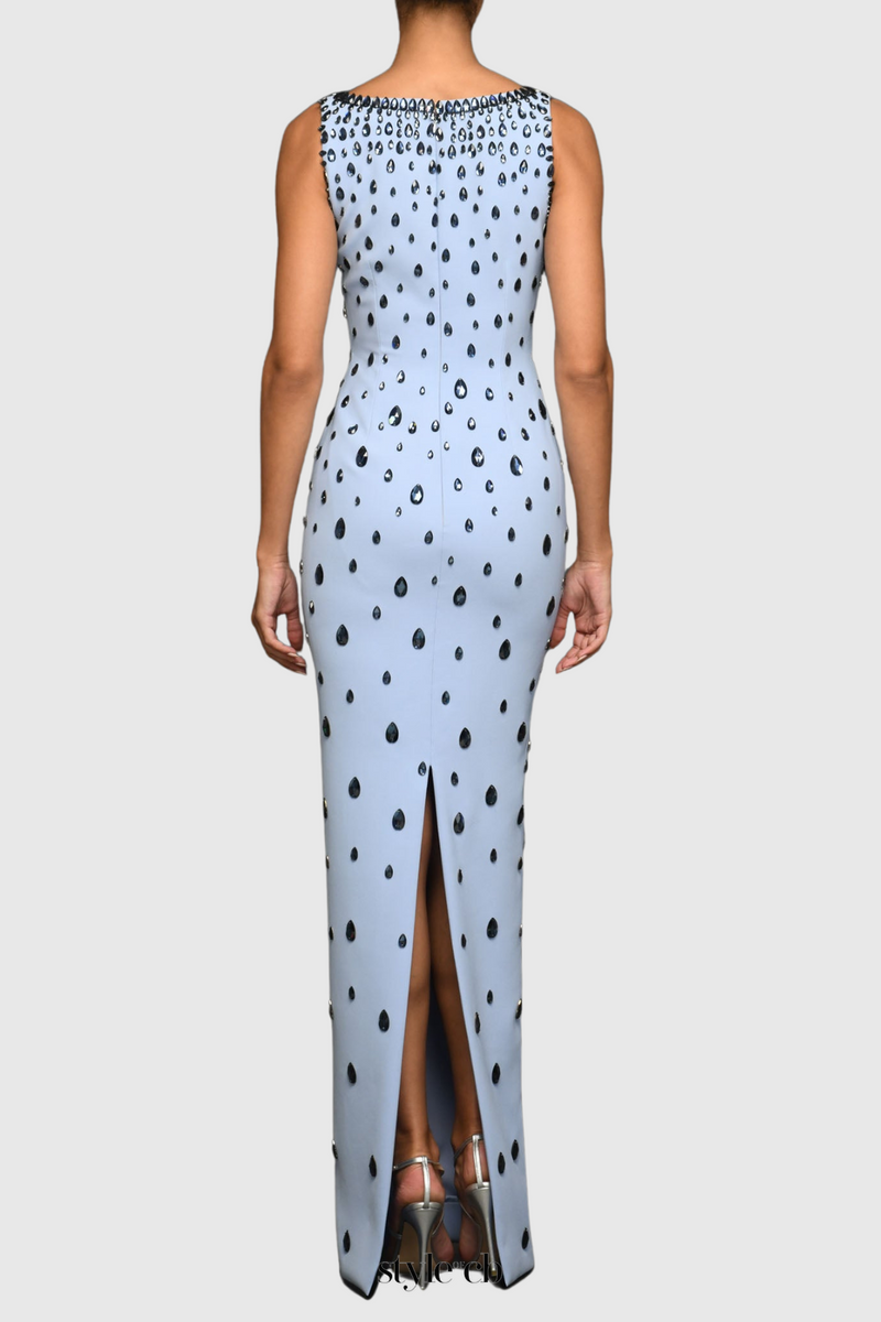 Crepe Raindrops Embroidery Maxi Dress In Blue