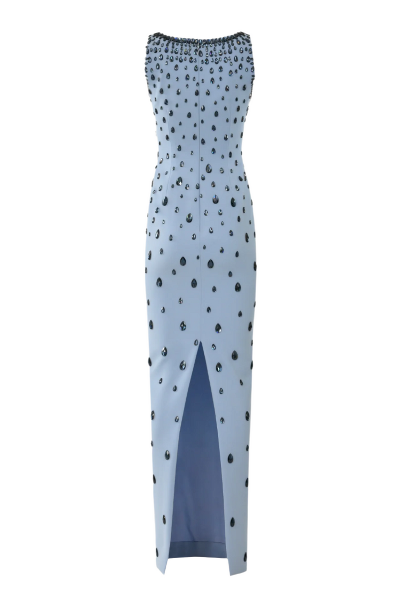 Crepe Raindrops Embroidery Maxi Dress In Blue