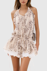 Beyza Leopard Halter Neck Ruch Mini Dress