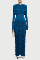 alice navy pleated Form-fitting maxi dress with asymmetrical draped shoulder
