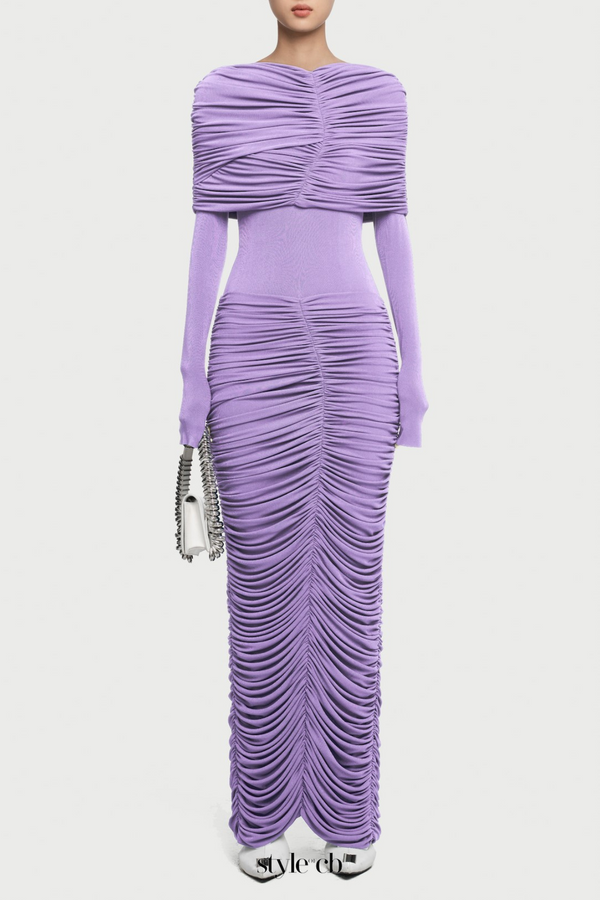 alice purple pleated Form-fitting maxi dress with asymmetrical draped shoulder