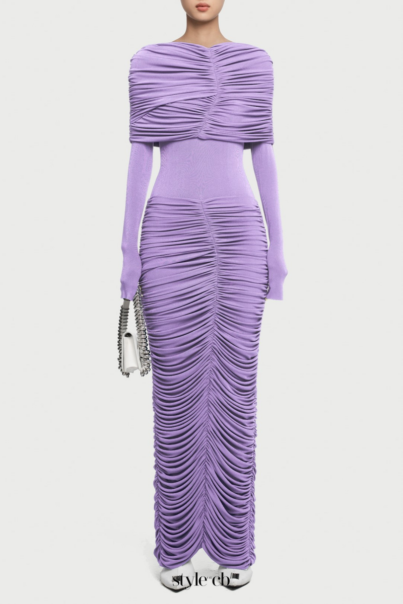 alice purple pleated Form-fitting maxi dress with asymmetrical draped shoulder