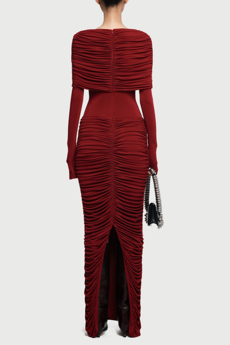 alice red pleated Form-fitting maxi dress with asymmetrical draped shoulder