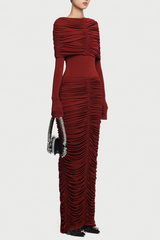 alice red pleated Form-fitting maxi dress with asymmetrical draped shoulder