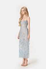BLUE BEADED LACE PENCIL MIDI DRESS