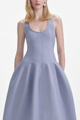 Blue Ribbed Knit Diamante Midi Dress