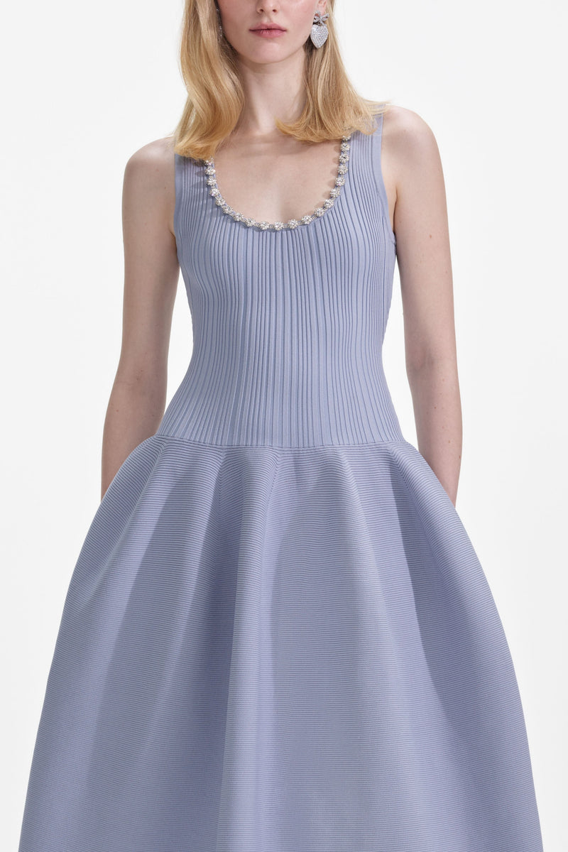 Blue Ribbed Knit Diamante Midi Dress