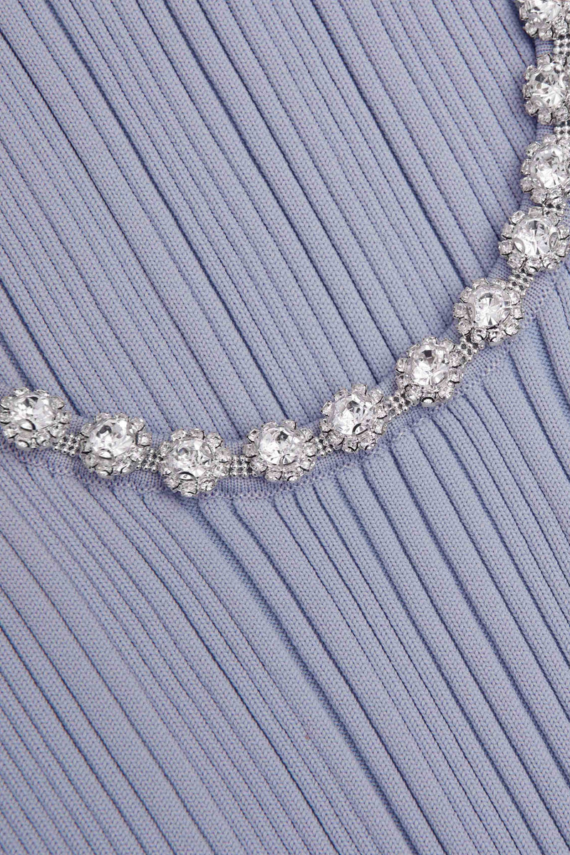 Blue Ribbed Knit Diamante Midi Dress