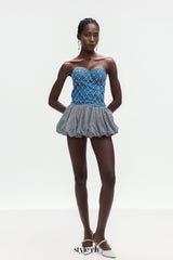 jacqueline Crystal Embellished Strapless Denim Top in blue