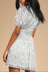 Budding Love White Floral Print Puff Sleeve Cutout Mini Dress