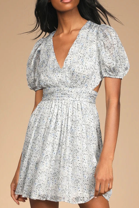 Budding Love White Floral Print Puff Sleeve Cutout Mini Dress