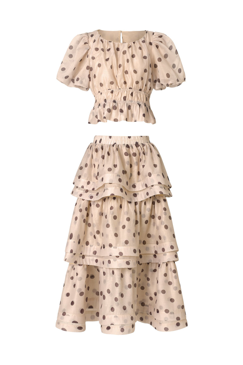 damla beige Puff Sleeves Dot Printed Top And Skirt Two-Piece Set