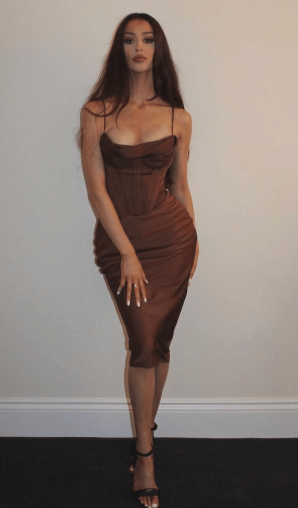 CHOCOLATE SATIN CORSET SLIP DRESS