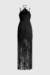 Doly Halter Fringed Maxi Bandage Dress - Black