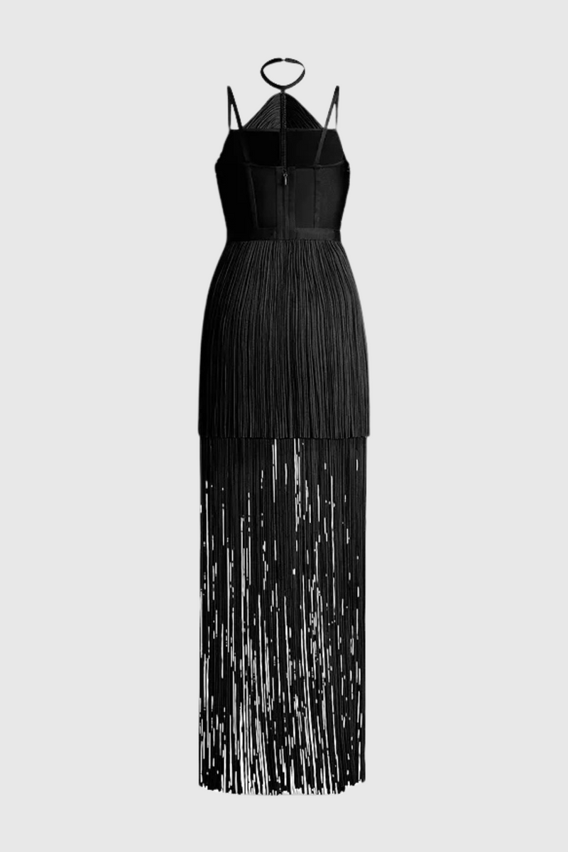 Doly Halter Fringed Maxi Bandage Dress - Black