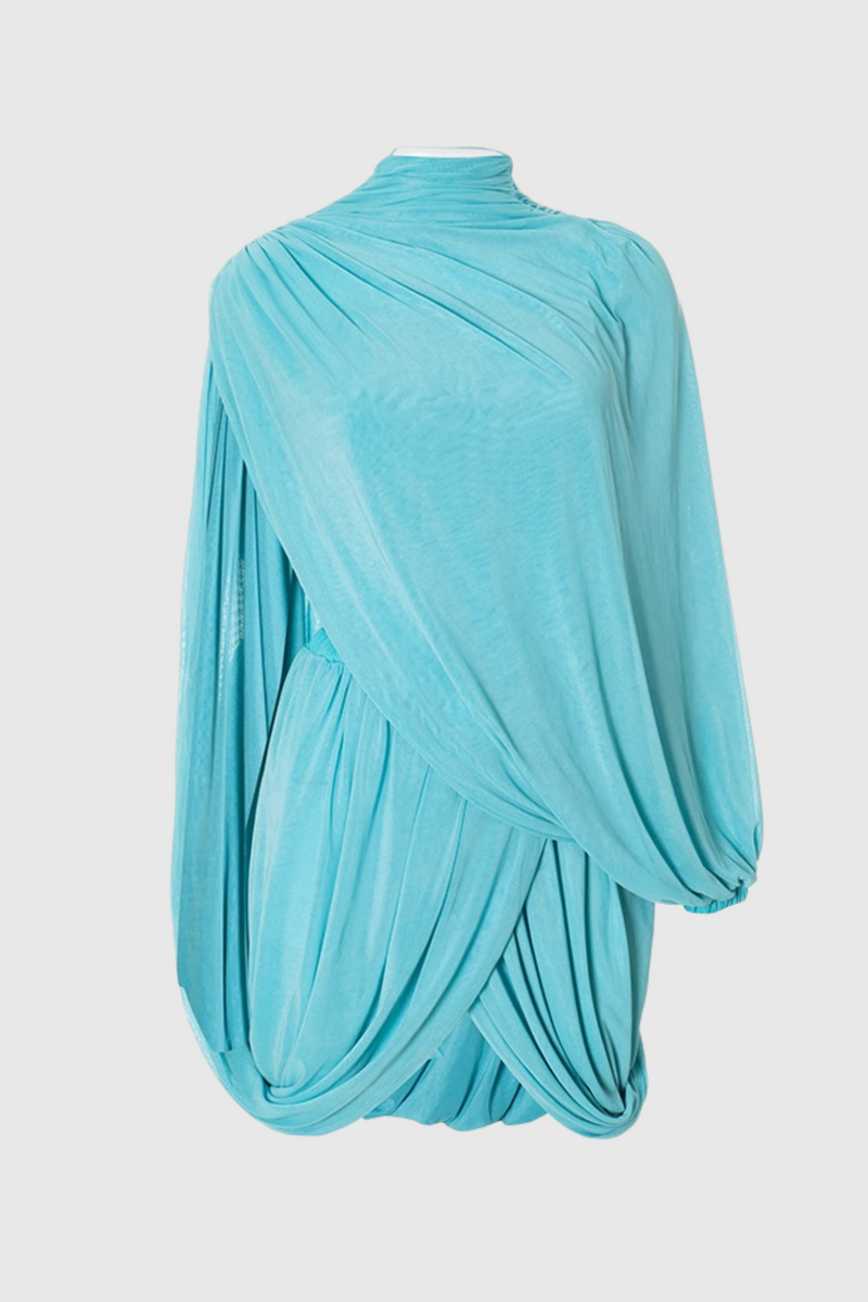 Cahya Asymmetric Draped Mesh Mini Dress