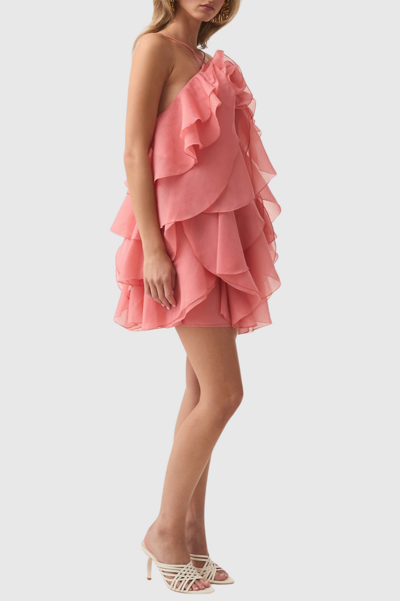 Caysie Halter Floral Ruffle Layered Mini Dress - Orange