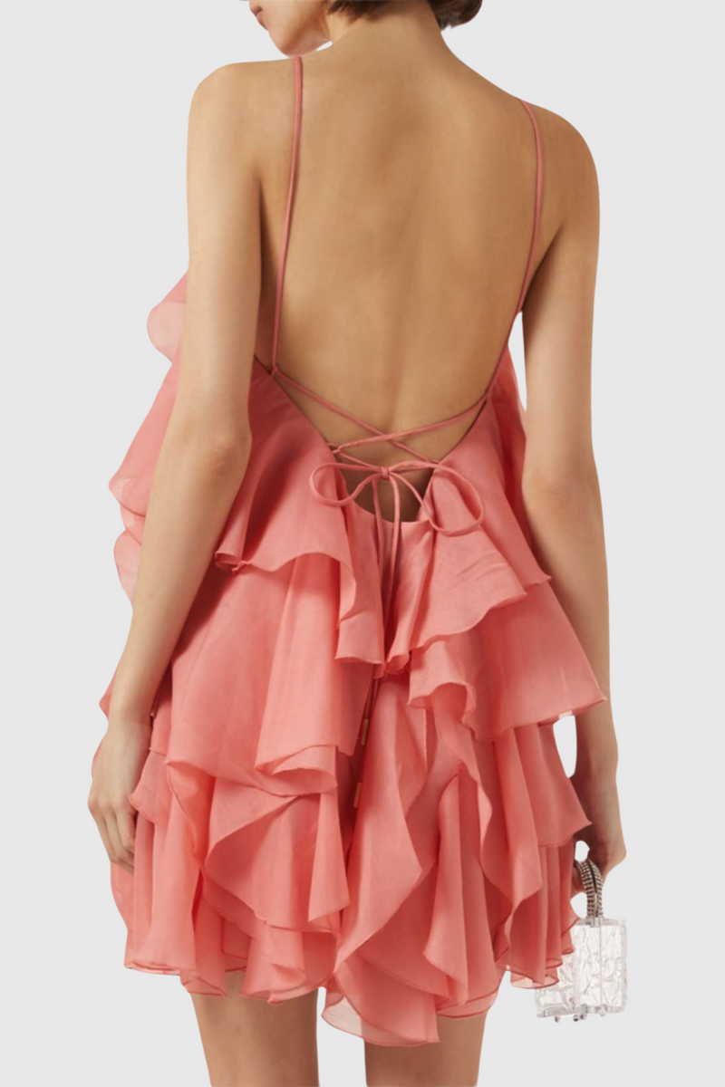 Caysie Halter Floral Ruffle Layered Mini Dress - Orange