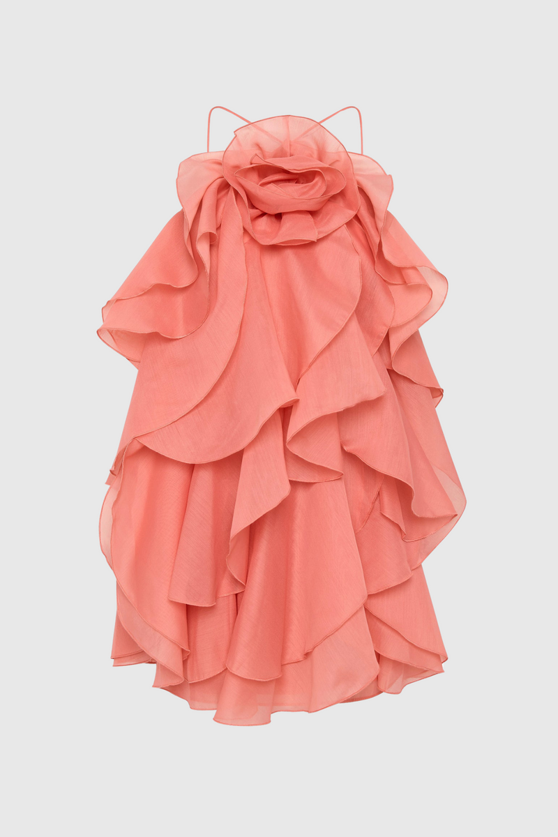 Caysie Halter Floral Ruffle Layered Mini Dress - Orange