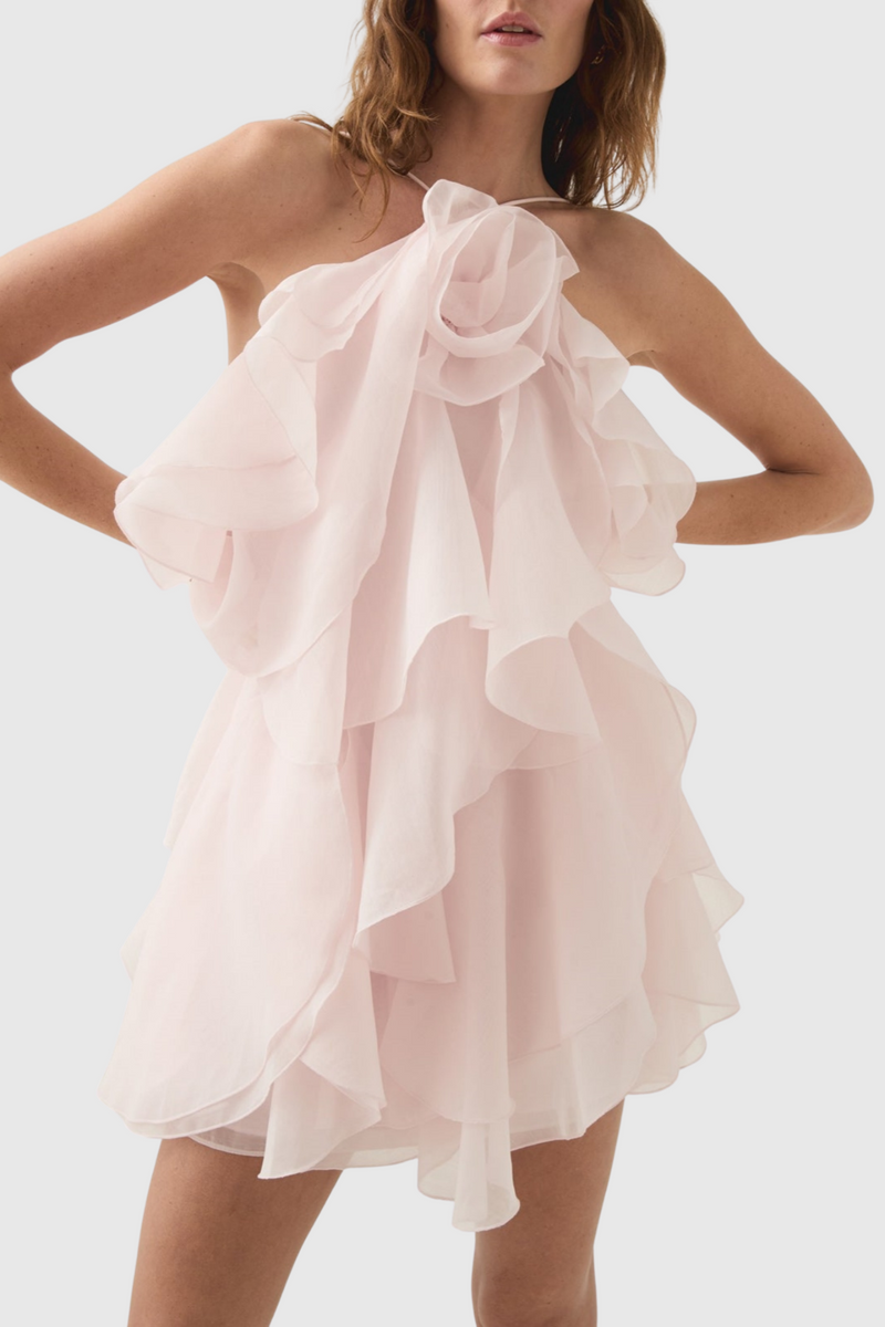 lorraine Halter Floral Ruffle Layered Mini Dress in Pink