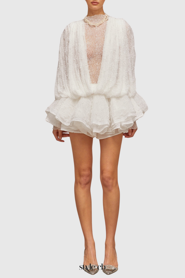 Chaylee Semi-sheer Lace Ruffle Mini Dress