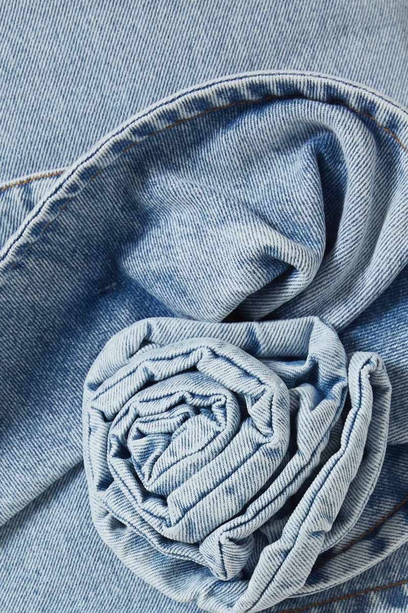 Christell Floral Appliqué Halter Denim Mini Dress