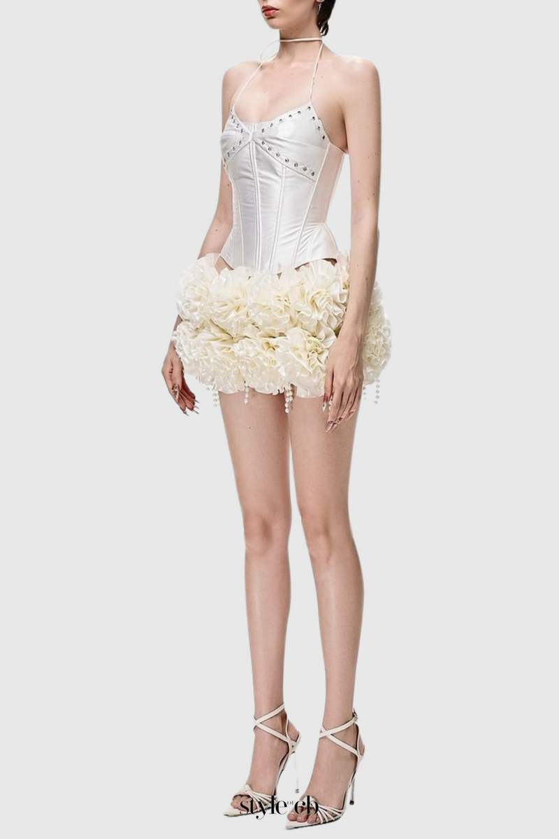 Orsolya Floral Pearl Corset Two Piece Set in Ivory