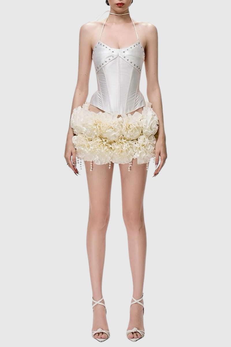 Orsolya Floral Pearl Corset Two Piece Set in Ivory