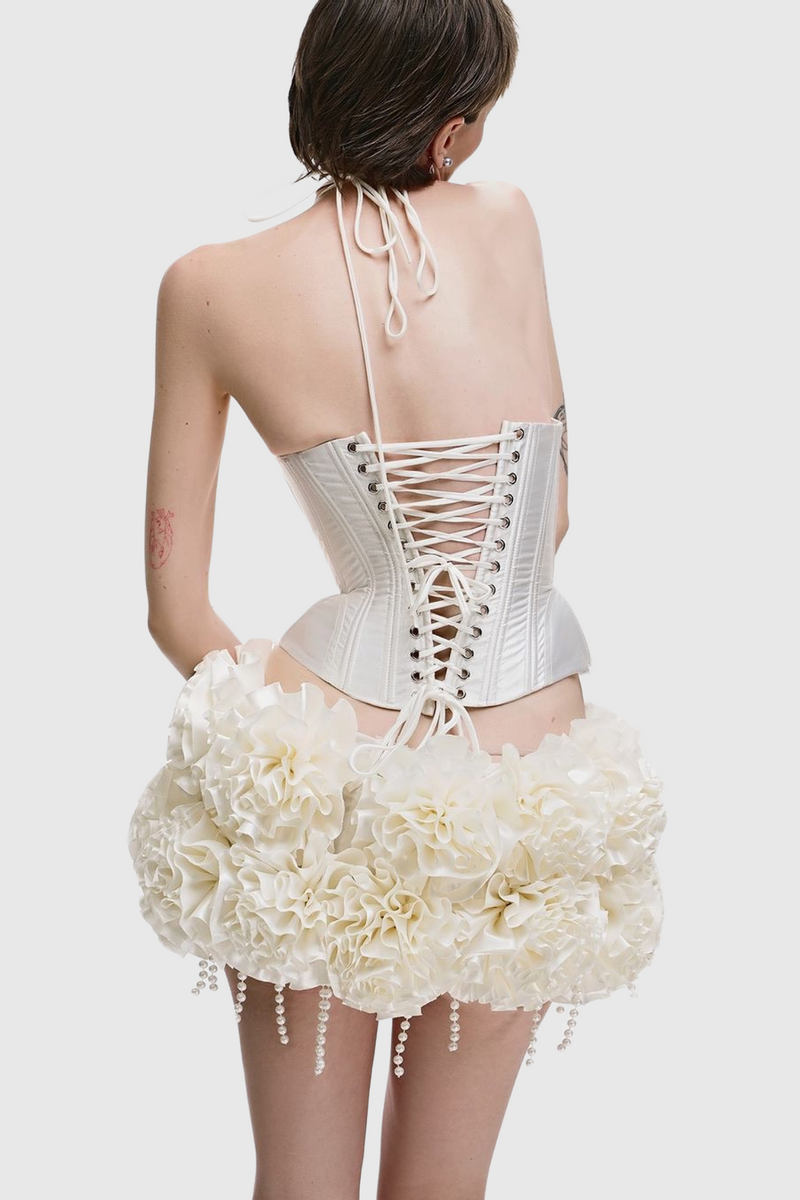 Orsolya Floral Pearl Corset Two Piece Set in Ivory