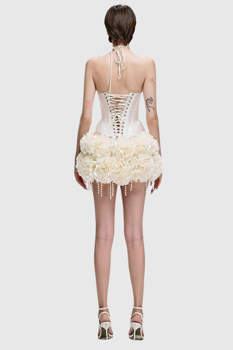 Orsolya Floral Pearl Corset Two Piece Set in Ivory