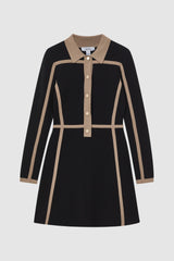 Contrast Trim Press-Stud Mini Dress in Black/Camel