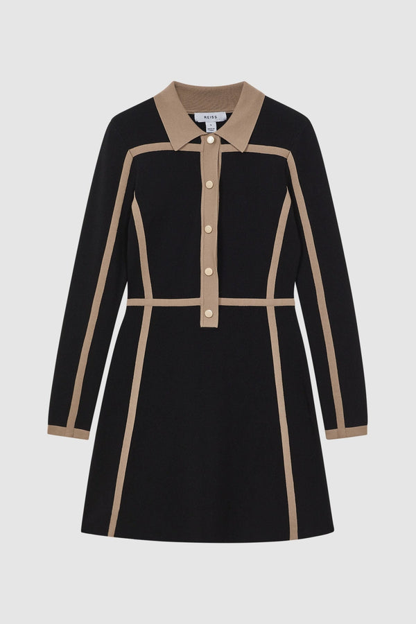 Contrast Trim Press-Stud Mini Dress in Black/Camel