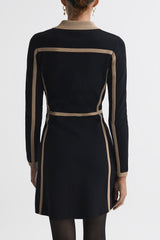 Contrast Trim Press-Stud Mini Dress in Black/Camel